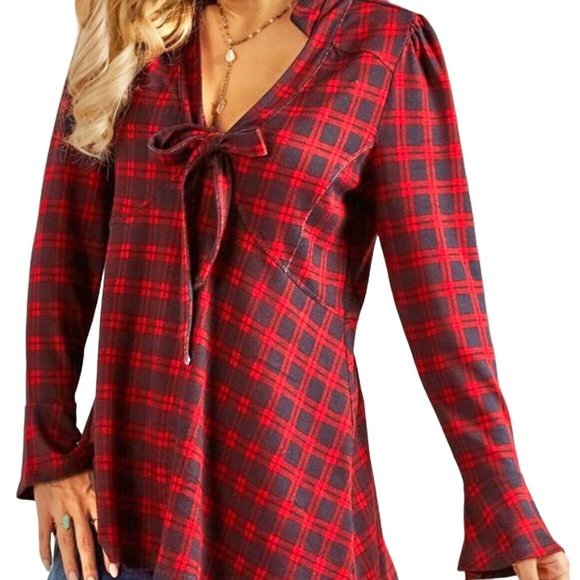 Suzanne Betro Tunic Top 3X Red Navy Plaid V-Neck Tie-Front NWT - Picture 1 of 13